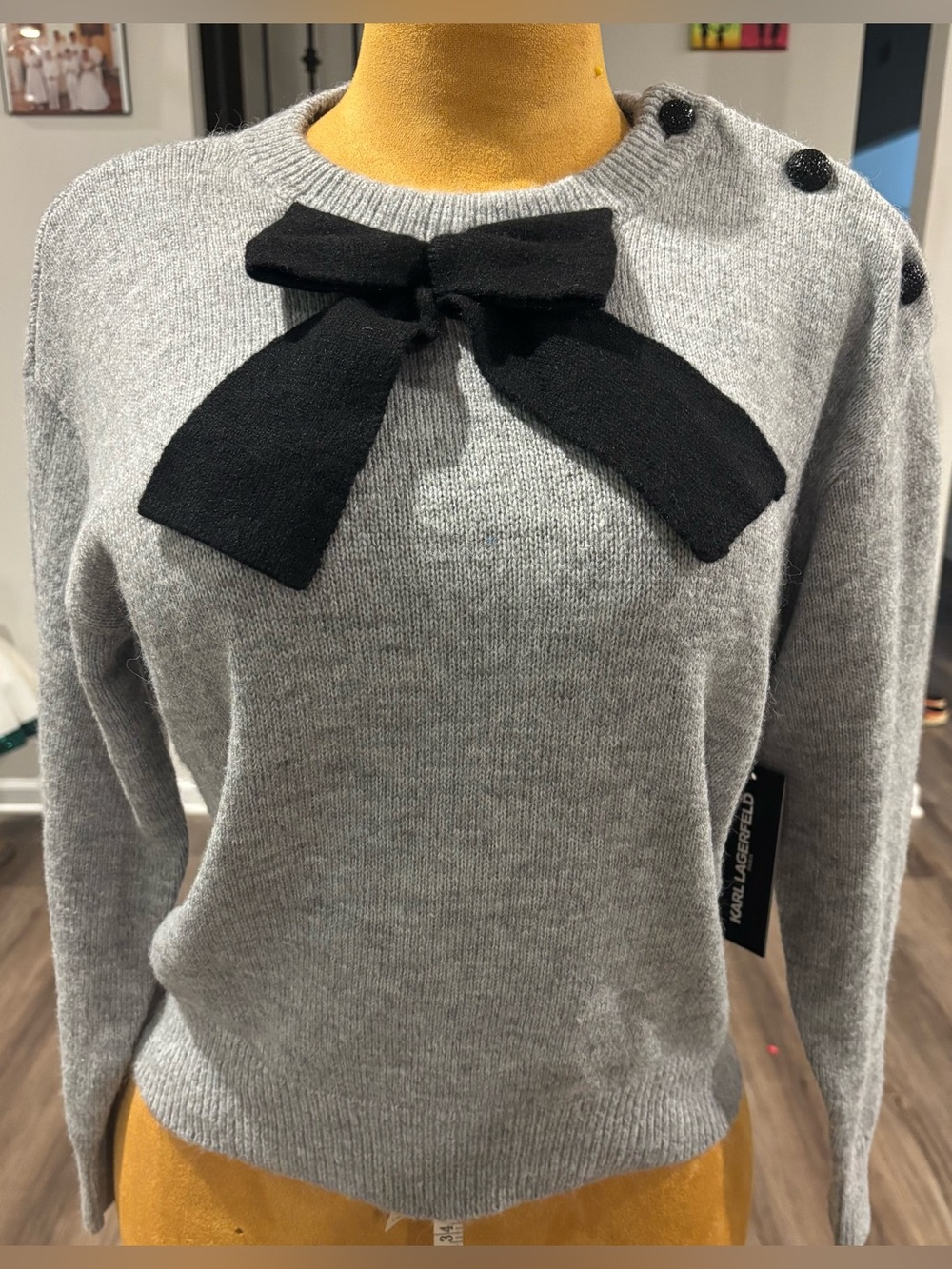 Karl Lagerfeld Gray Crewneck Sweater with Black Bow